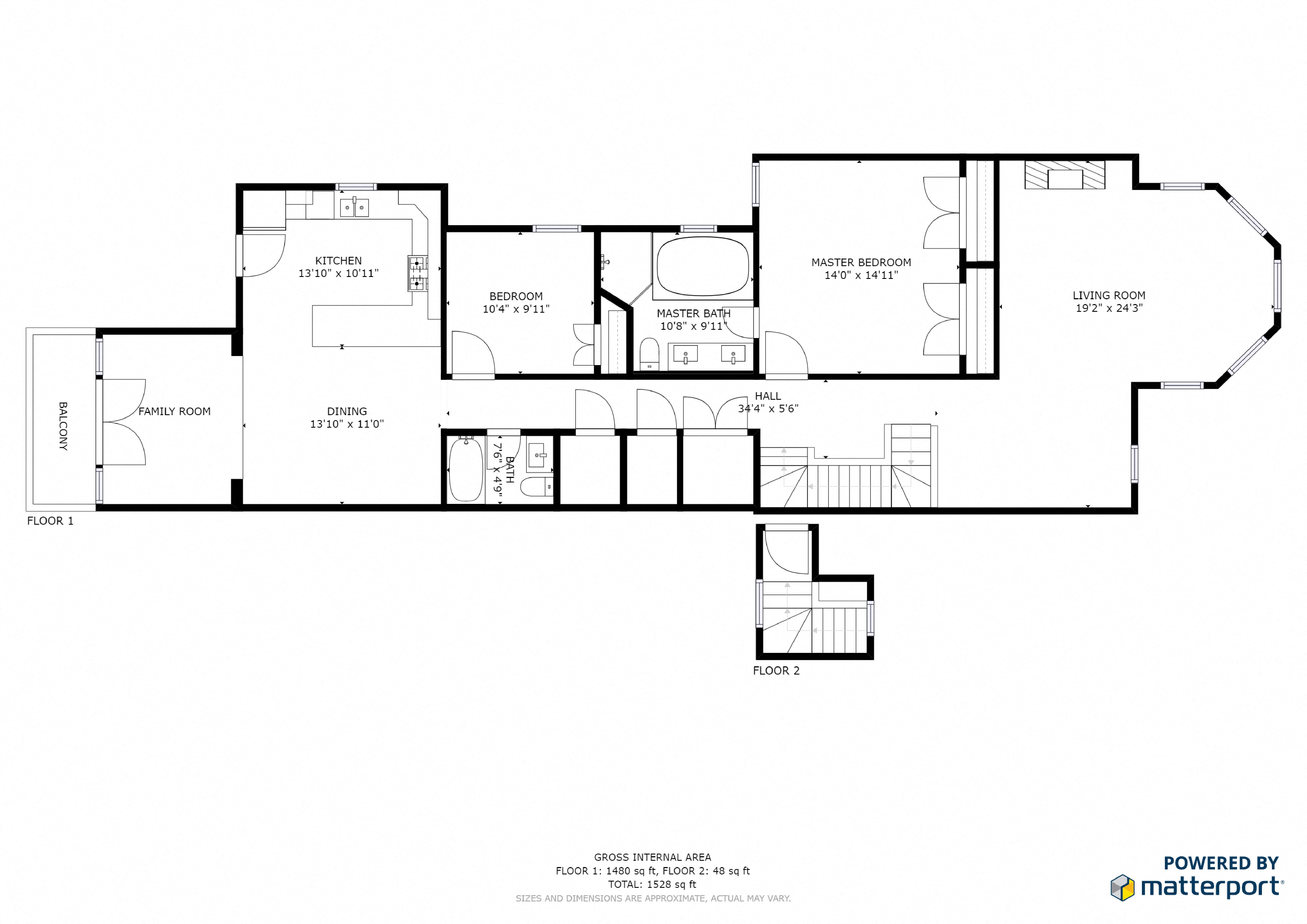 Floor plan for 2 beds, 2 baths, 1528 sqft